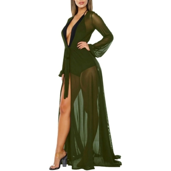 Army Green Sheer Floor Length Robe Long Moss Olive Maxi Dress Layer Deep V New - Picture 9 of 10